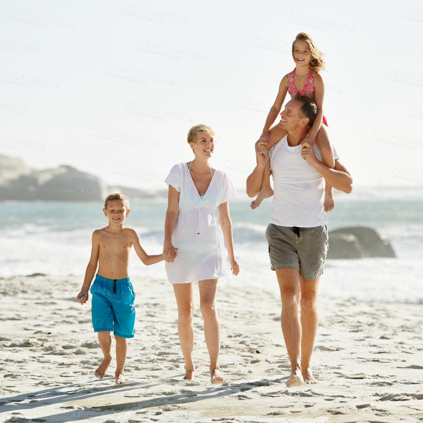 Buy stock photo Parents, children and happiness for bonding at beach on vacation, summer and smile in Florida. Family, kids and hot weather with laugh for travel on vacation, trip and break at sea for care.