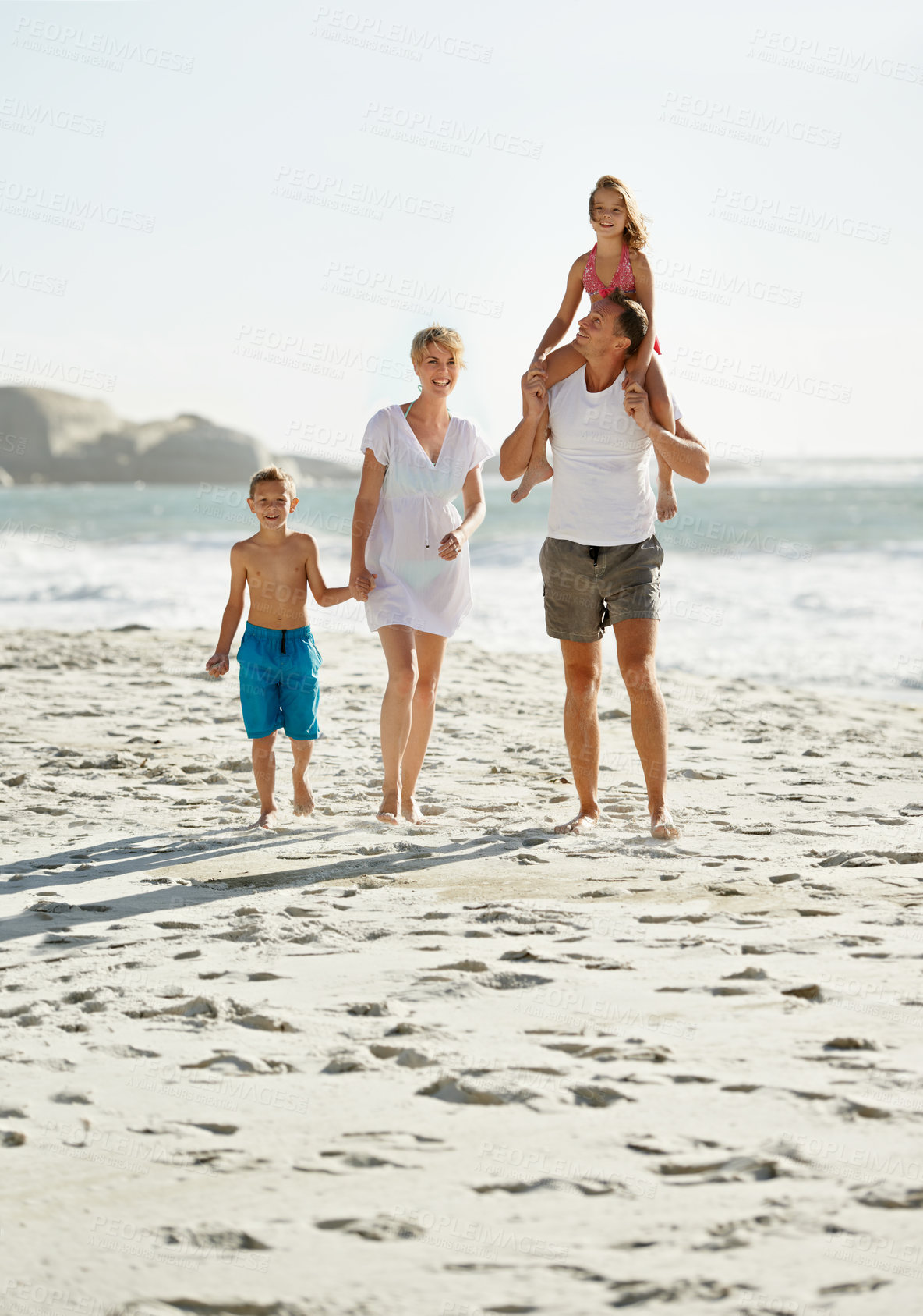 Buy stock photo Parents, children and walking beach in summer or holiday on island or bonding, connection or vacation. Man, woman and kid on shoulders in Florida together or outdoor happiness, travel or hand holding