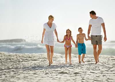 Buy stock photo Parents, children and hand holding on beach for love connection with tropical travel, holiday or outdoor. Man, woman and siblings or walking on sand in Florida for vacation relax, seaside or family
