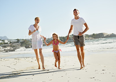 Buy stock photo Parents, child and portrait on beach or running on holiday on island or bonding, connection or vacation. Man, woman and daughter with face in Florida together or outdoor happiness, travel or relax