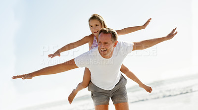 Buy stock photo Father, child and airplane on beach holiday together or flying  game on summer vacation, bonding or travel. Man, daughter and happy at ocean on back in Florida or paradise island, relax or outdoor