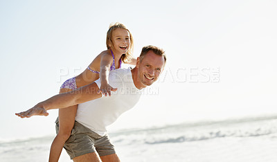 Buy stock photo Father, child and portrait or airplane on beach holiday together or flying game on summer vacation, bonding or travel. Man, daughter and happy at ocean on back or Florida trip, playing or outdoor