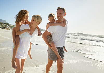 Buy stock photo Family, beach and walking piggyback of mother, father and carrying kids together outdoor in fun nature. Sea, smile and happiness with bonding, parent support and love laughing by the ocean on holiday