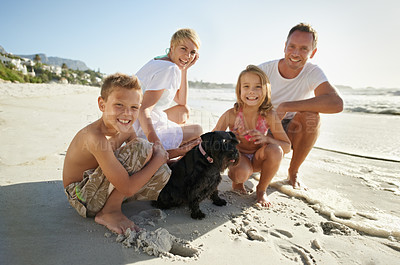 Buy stock photo Parents, children and portrait on beach with dog for relax holiday vacation in summer for family, bonding or travel. Mother, father and siblings with animal pet on Florida seaside, together or break