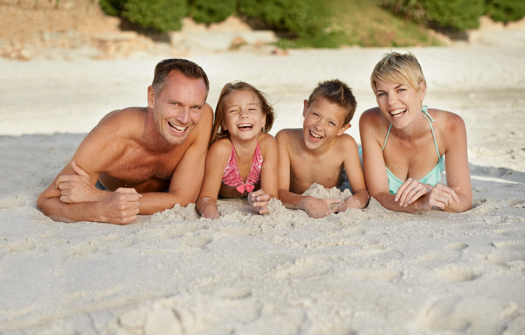 Buy stock photo Parents, children and beach with adventure in summer on vacation for bonding and happiness in Florida. Family, smile and travel for holiday with kids to relax, fun and enjoy trip in seaside.