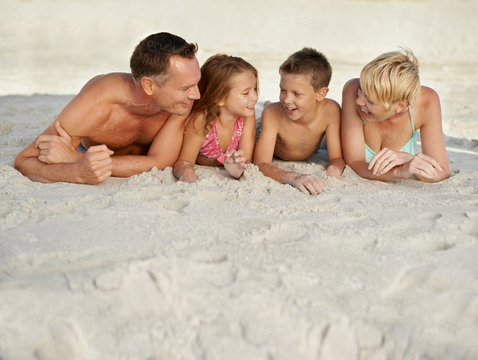 Buy stock photo Family, kids and beach with adventure in summer on vacation for bonding and happiness in Florida. Parents, smile and travel for holiday with children to relax, fun and enjoy trip in seaside.