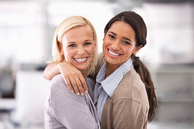Buy stock photo Portrait, coworker and office with smile in hug for collaboration, teamwork and friendly with positivity. Closeup, work and employee in happiness with joy, professional and together for support.