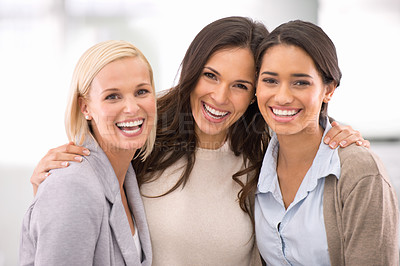 Buy stock photo Cropped portrait of three businesswomen standing in the office