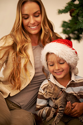 Buy stock photo Christmas, gift and mother with a cat for a child in a celebration of a happy family holiday in the house. Smile, love and mom giving an excited young kid or boy a pet kitten as a present in Canada 