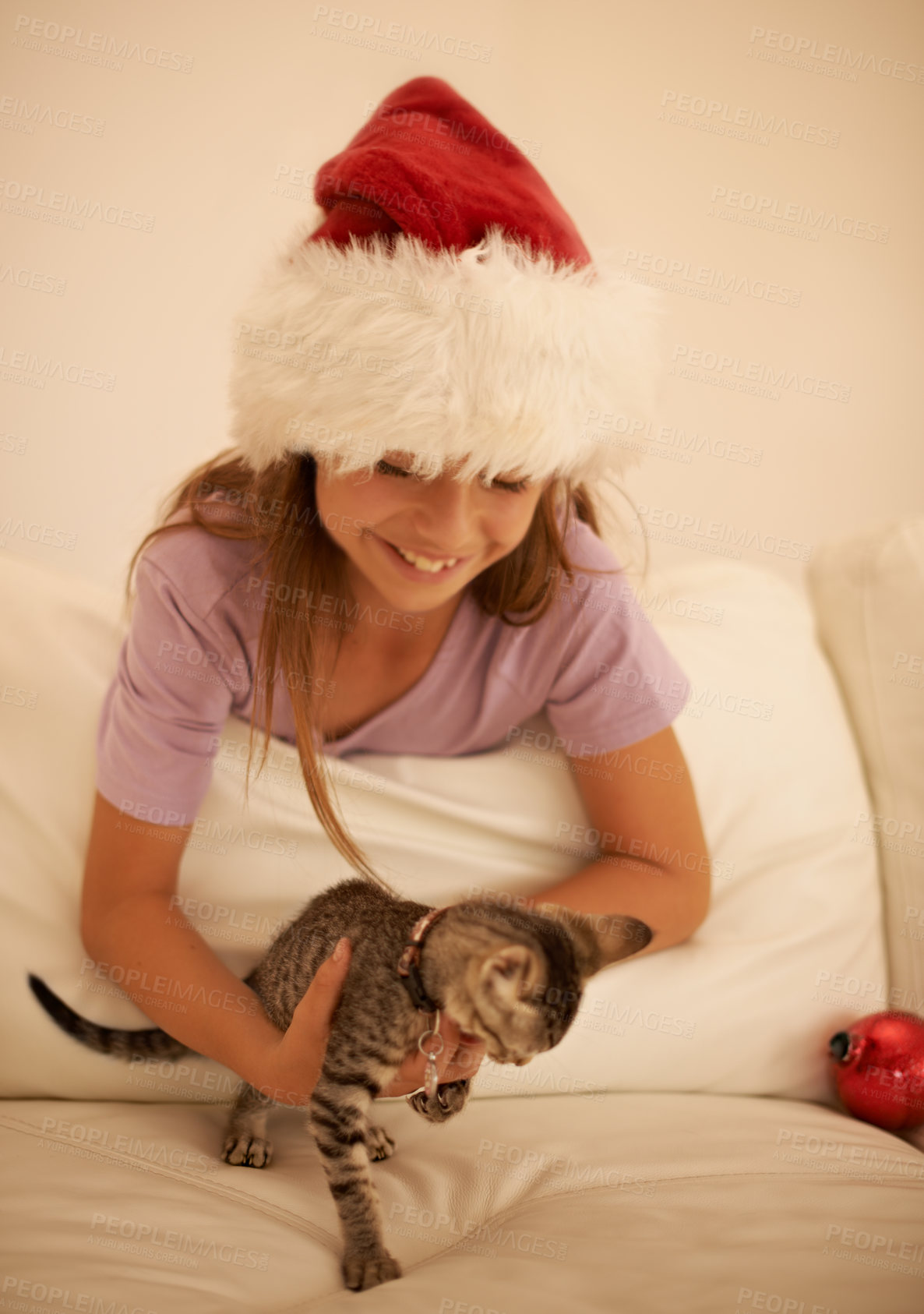 Buy stock photo Christmas, child and cat kitten for present or gift of love for happiness, care and holiday celebration in family home. Smile of girl excited and happy for xmas animal in house while playing together