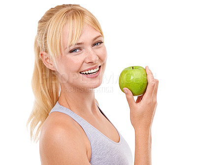 Buy stock photo Studio, portrait and woman with apple for health, vegan and nutrition benefits for wellness. Fruit, face and happy female person with food for vitamin c, detox and clean gut on white background