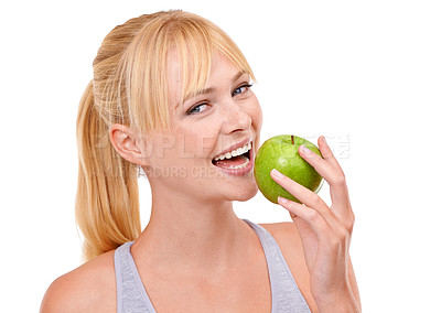 Buy stock photo Vitamin c, apple and portrait of woman in studio for wellness, nutrition and health benefits. Female person, face and happy with fruit for vegan, diet and detox for clean gut on white background