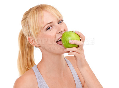 Buy stock photo Studio, portrait and happy woman with apple for gut health, diet and nutrition benefits on white background. Food, face and female person eating fruit with vitamin c, vegan and detox for wellness