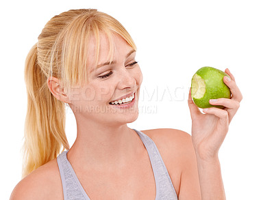 Buy stock photo Bite, smile and woman with apple for diet, benefits or food to lose weight in studio. Healthy eating, nutrition and happy face of girl with fruit for body wellness, digestion and white background