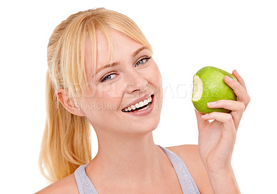 Buy stock photo Portrait, smile and woman with apple for nutrition, benefits or food to lose weight in studio. Healthy eating, diet and happy face of girl with fruit for body wellness, digestion and white background