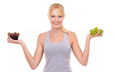 Buy stock photo Portrait, smile and woman with choice of fruit, chocolate or healthy eating food to lose weight in studio. Happy, face and girl with apple vs candy, decision for diet or nutrition on white background