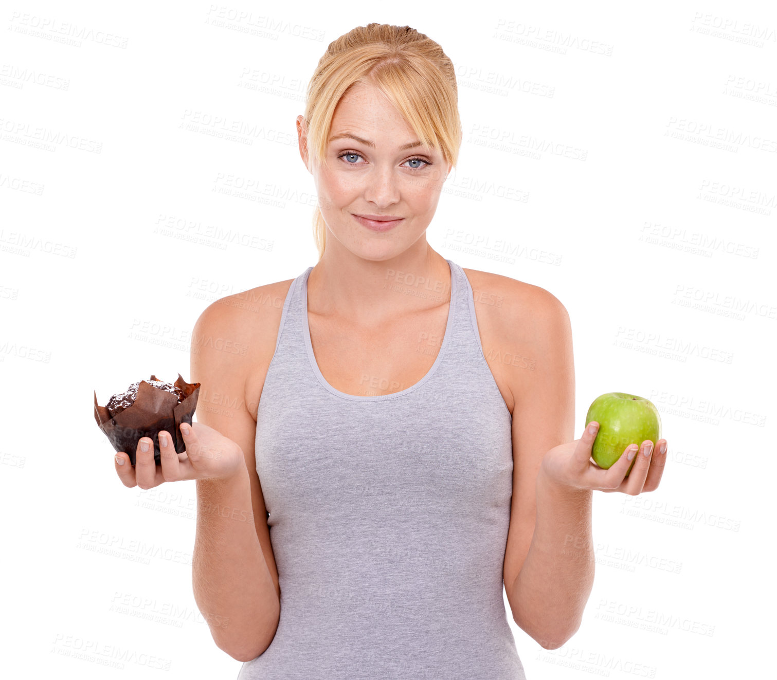 Buy stock photo Portrait, doubt and woman with choice of cake, apple or healthy eating food to lose weight in studio. Benefits, face and girl with fruit vs dessert, decision for diet or nutrition on white background