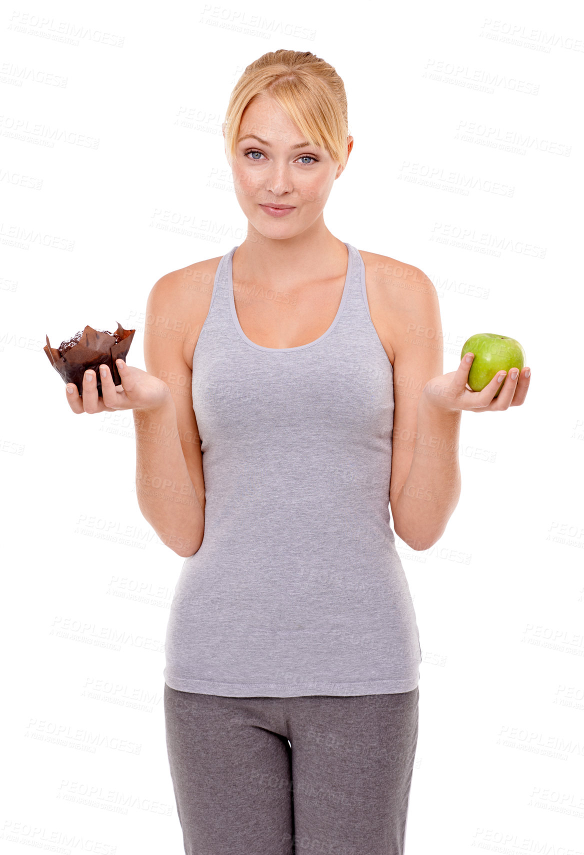 Buy stock photo Portrait, food and woman with choice of apple, dessert or healthy eating food to lose weight in studio. Doubt, face and girl with fruit vs cake, decision for diet or nutrition on white background.