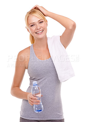 Buy stock photo Fitness, water and portrait of woman in studio for health, wellness and body workout or training. Happy, sports and young female athlete with hydration drink for exercise isolated by white background