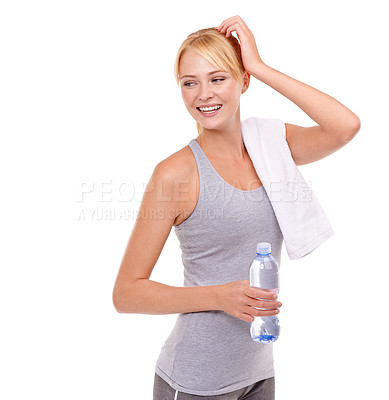 Buy stock photo Sports, smile and woman with water in studio for health, wellness and body workout or training. Happy, fitness and young female athlete with hydration drink for exercise isolated by white background.