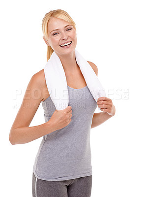 Buy stock photo Sports, smile and portrait of woman with towel in studio for health, wellness and body workout or training. Happy, fitness and young female athlete with exercise isolated by white background.