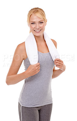 Buy stock photo Fitness, smile and portrait of woman with towel in studio for health, wellness and body workout or training. Happy, sports and young female athlete with exercise isolated by white background.