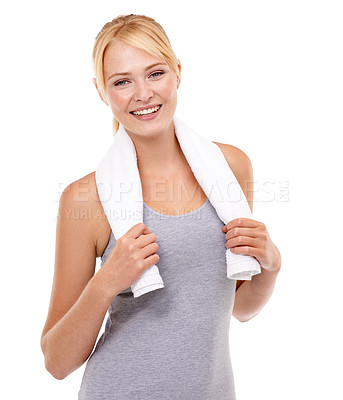 Buy stock photo Fitness, happy and portrait of woman athlete in studio for health, wellness and body workout or training. Smile, sports and young female person with towel for exercise isolated by white background.