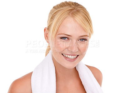 Buy stock photo Portrait, studio and woman with towel for exercise, training and workout for wellness on white background. Female person, smile and happiness with sweat cloth for sport, performance and fitness