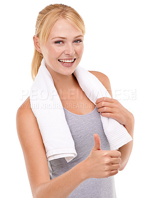 Buy stock photo Woman, fitness and thumbs up with towel in studio for sport, motivation and exercise goals on white background. Personal trainer, smile and hand gesture for good workout, support and happiness