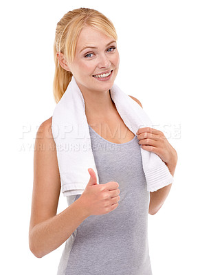 Buy stock photo Woman, training and thumbs up with towel in studio for sport, motivation and exercise for wellness. Female person, smile and hand gesture for support, success and good workout on white background