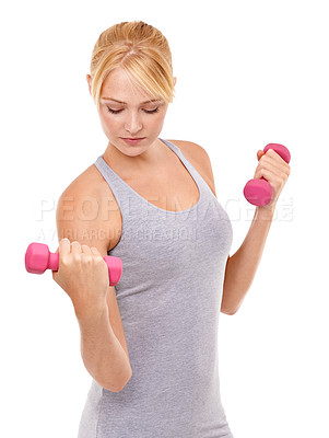 Buy stock photo Fitness, weights and woman athlete in studio for health, wellness and body workout or training. Energy, sport and young female person with dumbbell equipment for exercise isolated by white background