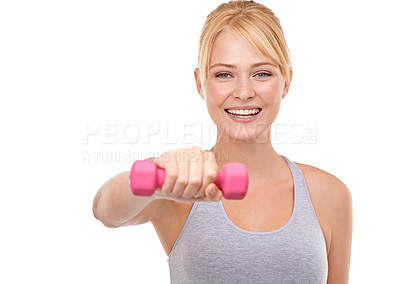 Buy stock photo Fitness, weights and portrait of woman in studio for health, wellness and body workout or training. Energy, sport and young female athlete with dumbbell equipment for exercise by white background.