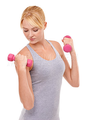 Buy stock photo Sport, weights and woman athlete in studio for health, wellness and body workout or training. Energy, fitness and young female person with dumbbell equipment for exercise isolated by white background