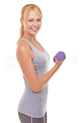 Buy stock photo Fitness, smile and woman with dumbbell weight in studio for health, wellness and body workout or training. Strength, sports and portrait of female athlete with arm exercise by white background.