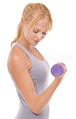 Buy stock photo Fitness, strength and woman with dumbbell weight in studio for health, wellness and body workout or training. Energy, sports and young female athlete with arm exercise isolated by white background.