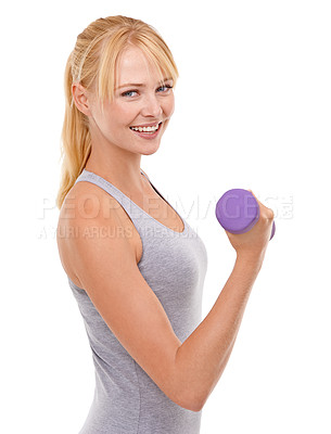 Buy stock photo Fitness, happy and woman with dumbbell weight in studio for health, wellness and body workout or training. Strength, sports and young female athlete with arm exercise isolated by white background.