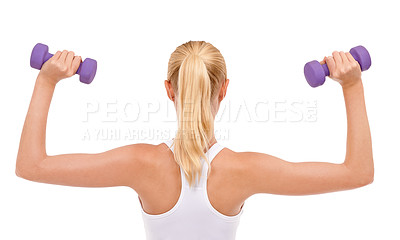 Buy stock photo Woman, dumbbell and studio exercise for arm workout on white background for challenge, strength or mockup space. Female person, weightlifting and back view for training fitness, performance or muscle