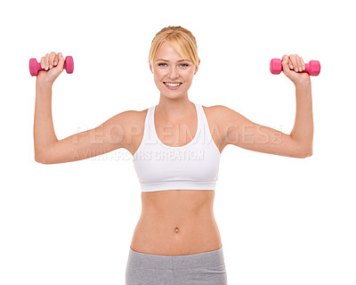 Buy stock photo Woman, portrait and weightlifting or dumbbell exercise or training arm workout on white background, mockup space or studio. Female person, equipment and Canada gym or performance, wellness or muscle