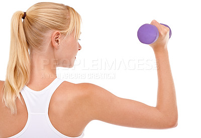 Buy stock photo Woman, weightlifting and dumbbell exercise or training arm workout on white background, mockup space or studio. Female person, equipment and gym in Canada or performance back view, wellness or muscle
