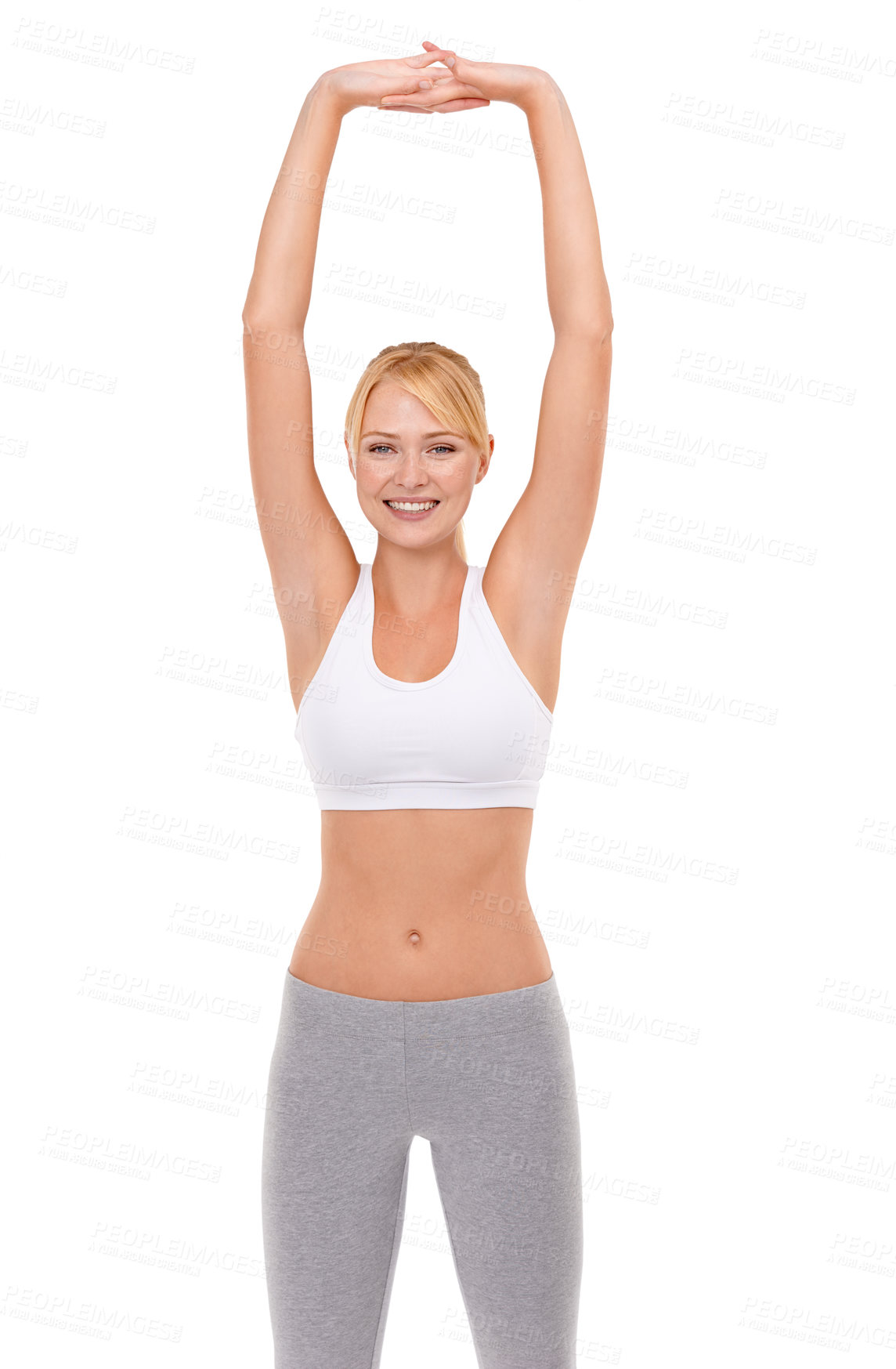 Buy stock photo Woman, fitness and stretching in studio for exercise, workout and wellness on white background. Female person, happy and portrait with smile for warm up, preparation and start of cardio training