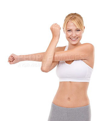 Buy stock photo Woman, portrait and stretching with smile in studio for fitness flexibility for performance, warm up or mobility. Female person, face and white background or arm exercise,  wellness or mockup space