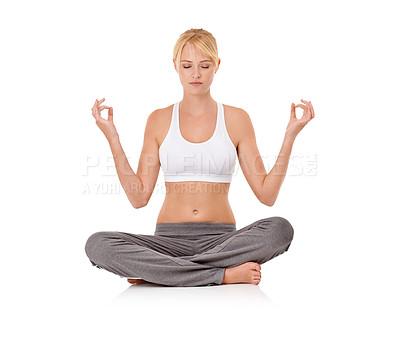 Buy stock photo Woman, zen and yoga with meditation in studio for exercise, healthy body and wellness with relax or start. Pilates, person and fitness with posture or spiritual and mindfulness on white background