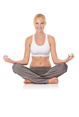 Buy stock photo Portrait of an attractive young woman sitting in a meditation pose