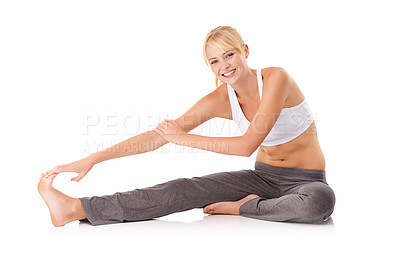 Buy stock photo Woman, portrait and leg stretching in studio for flexibility practice for workout warm up or yoga, wellness or white background. Female person, arm and foot for mobility training, pilates or mockup