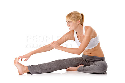 Buy stock photo Woman, legs and stretching in studio for yoga flexibility or practice for workout warm up, wellness or white background. Female person, arm and foot for mobility training, pilates or mockup space