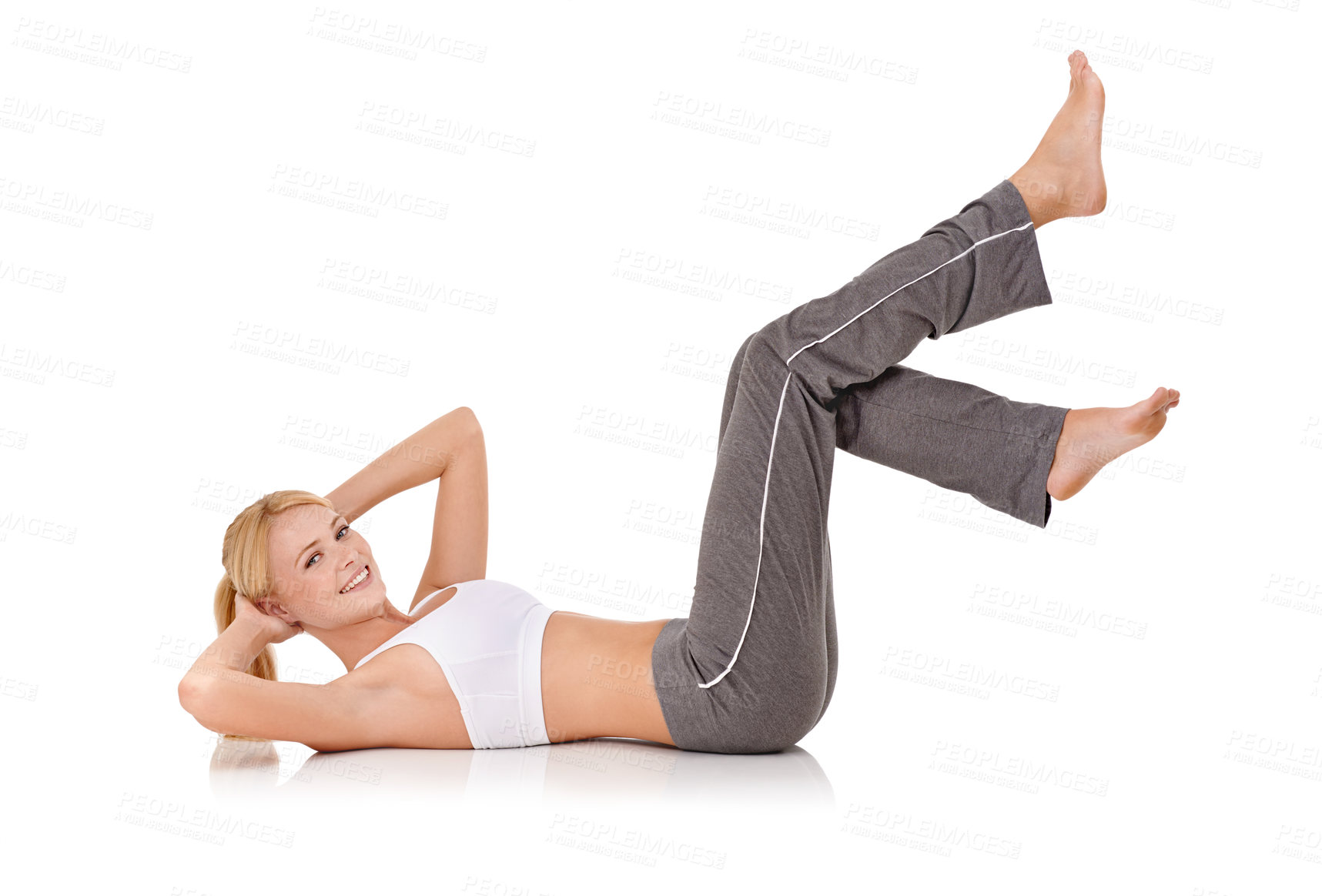 Buy stock photo Woman, portrait or pilates and stretching in studio for exercise, healthy body or wellness with fitness or smile. Yoga, person and face or flexible in sportswear for core strength on white background