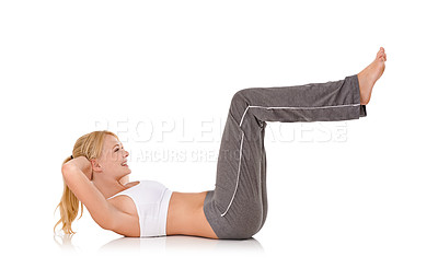 Buy stock photo Woman, yoga and sit ups on floor in studio for exercise, healthy body or wellness with fitness, smile or flexibility. Pilates, person and warm up with sportswear for core strength on white background