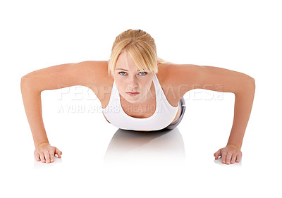 Buy stock photo Studio, workout and portrait of woman with push up for fitness, training or core exercise. Female person, sport and face with serious expression for confident, strength and muscle on white background