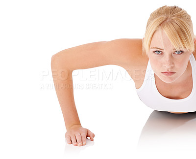 Buy stock photo Portrait, woman and pushup for fitness, exercise and strength in studio mockup on white background. Confident, determined and strong female person with sportswear for training, health or wellness