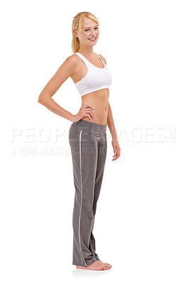 Buy stock photo Sports, happy and portrait of woman in studio for health, wellness and body workout or training. Smile, fitness and full length of young female athlete with exercise isolated by white background.